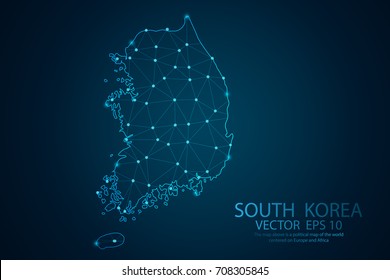 Abstract mesh line and Point scales on dark background with map of South Korea. Wire frame 3D mesh polygonal network line, design sphere, dot and structure. Vector illustration eps 10.