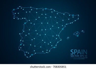 Abstract mesh line and point scales on dark background with map Of Spain. Wire frame 3D mesh polygonal network line, design sphere, dot and structure. Vector illustration eps 10.