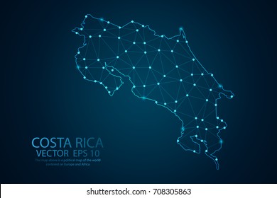 Línea de malla abstracta y escala de punto sobre fondo oscuro con mapa de Costa Rica. Línea de red poligonal, esfera de diseño, punto y estructura de malla 3D de marco de cable. Ilustración vectorial, pasos 10.