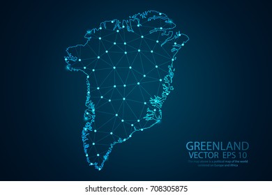 Abstract mesh line and point scales on dark background with map of Greenland. Wire frame 3D mesh polygonal network line, design sphere, dot and structure. Vector illustration eps 10.