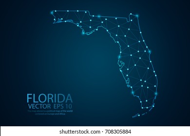 Abstract mesh line and point scales on dark background with map of Florida. Wire frame 3D mesh polygonal network line, design sphere, dot and structure. Vector illustration eps 10.