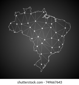 Abstract Mesh Line and Point Scales on The Dark Gradient Background With Map of Brazil. 3D Mesh Polygonal Network Connections. vector illustration Eps 10.