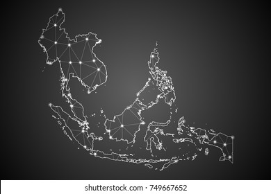 Abstract Mesh Line and Point Scales on The Dark Gradient Background With Map of Southeast Asia. 3D Mesh Polygonal Network Connections. vector illustration Eps 10.