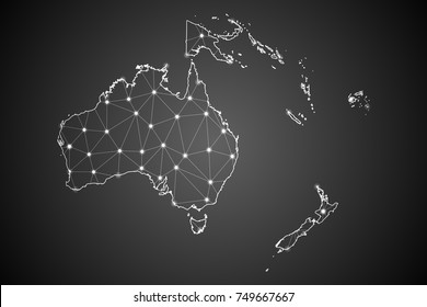 Abstract Mesh Line and Point Scales on The Dark Gradient Background With Map of Oceania. 3D Mesh Polygonal Network Connections.Vector illustration eps 10.