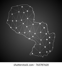 Abstract Mesh Line and Point Scales on The Dark Gradient Background With Map of Paraguay. 3D Mesh Polygonal Network Connections.Vector illustration eps 10.