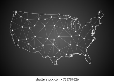 Abstract Mesh Line And Point Scales On The Dark Gradient Background With Map Of United States Of America. 3D Mesh Polygonal Network Connections.Vector Illustration Eps10.