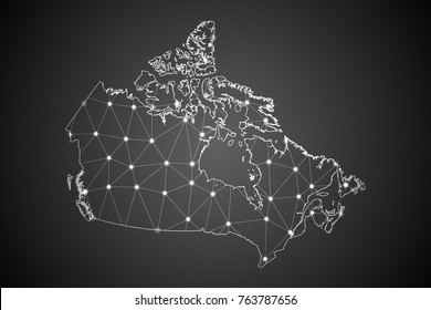 Abstract Mesh Line And Point Scales On The Dark Gradient Background With Map Of Canada. 3D Mesh Polygonal Network Connections.Vector Illustration Eps 10.