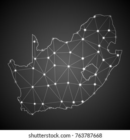 Abstract Mesh Line and Point Scales on The Dark Gradient Background With Map of South Africa. 3D Mesh Polygonal Network Connections.Vector illustration eps 10.