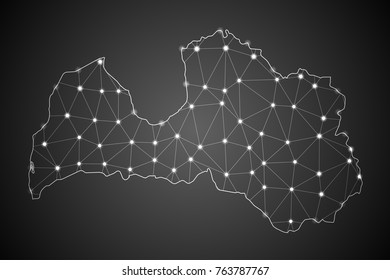 Abstract Mesh Line and Point Scales on The Dark Gradient Background With Map of Latvia. 3D Mesh Polygonal Network Connections. vector illustration Eps10.