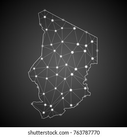 Abstract Mesh Line and Point Scales on The Dark Gradient Background With Map of Chad. 3D Mesh Polygonal Network Connections.Vector illustration eps 10.