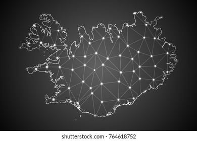 Abstract Mesh Line and Point Scales on The Dark Gradient Background With Map of Iceland. 3D Mesh Polygonal Network Connections.Vector illustration eps 10.