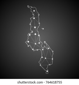 Abstract Mesh Line and Point Scales on The Dark Gradient Background With Map of Malawi. 3D Mesh Polygonal Network Connections.Vector illustration eps 10.