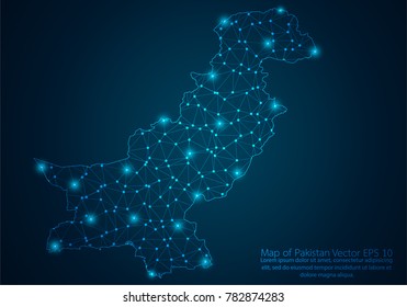 Abstract mesh line and point scales on dark background with map of Pakistan.3D mesh polygonal network line, design sphere, dot and structure. Vector illustration eps 10.