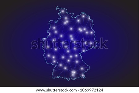 Abstract mesh line and point scales on dark Background with map of Germany. Wire frame 3D mesh polygonal network line, design sphere, dot and structure. Vector illustration eps 10