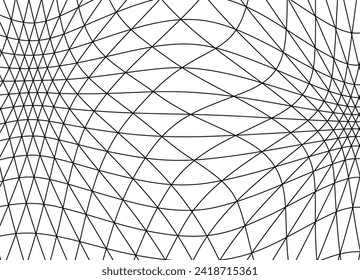 Malla abstracta de delgadas líneas negras sobre un fondo blanco. bola volumétrica. Patrón geométrico. Perspectiva, forma 3D. Figura de malla retro. Isometric