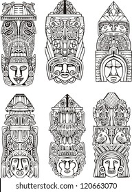 Abstract Mesoamerican Aztec Totem Poles. Set Of Black And White Vector Illustrations.