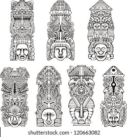 Abstract Mesoamerican Aztec Totem Poles. Set Of Black And White Vector Illustrations.