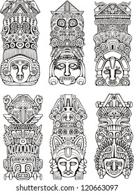 Abstract mesoamerican aztec totem poles. Set of black and white vector illustrations.