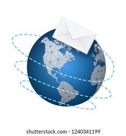 Abstract Message concept. Paper envelope flying around the planet earth. Vector stock illustration.