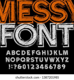 Abstract messy alphabet font. Distressed uppercase letters and numbers. Vector typeface for your typography design.