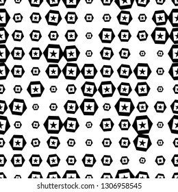 Abstract messy halftone seamless pattern with star, hexagon, square geometric shapes. Vector illustration.      