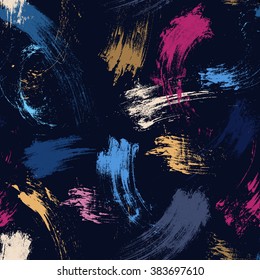 Abstract messy seamless pattern on dark background. Hand made painterly elements. Vector. 
