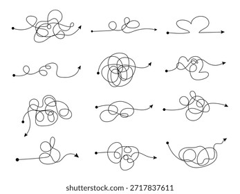 Resumo Messy Tangled Line Path com seta simbolizando confusão, tomada de decisão, resolução de problemas e jornada do caos para a clareza do conceito Ilustração