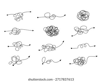 Resumo Messy Tangled Line Path com seta simbolizando confusão, tomada de decisão, resolução de problemas e jornada do caos para a clareza do conceito Ilustração