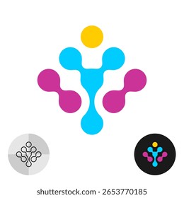 Abstract meta balls style tech logo with human figure in a center. Connected round dots elements creative color symbol icon. Metaballs people sign.