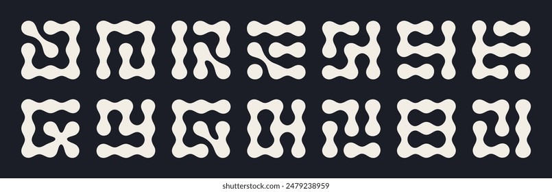 Abstract metaball circle shapes. Liquid spotted graphic elements, connected molecule figures flat vector Illustration set. Metaball curved modern shapes collection