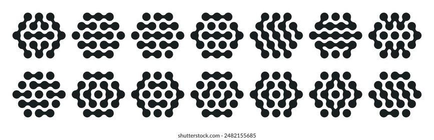 Abstract metaball hexagon shapes. Liquid spotted graphic design elements, connected liquid molecule figures flat vector illustration set. Modern tech metaball icon shapes