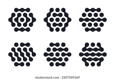 Abstract metaball shapes. Hexagon spotted graphic design elements, connected liquid molecule figures flat vector illustration set. Modern metaball icons