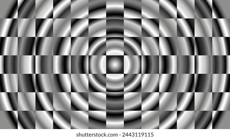 Fondo de metal abstracto con cuadrícula y líneas brillantes. Ilustración vectorial de banner con patrón de semitonos de cuadrados y círculos. Fondo de pantalla brillante, plantilla, fondo, volante. EPS 10