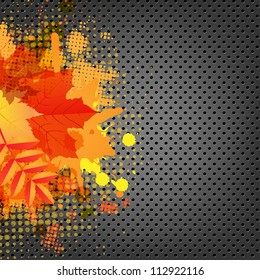 Fondo Metálico Resumen Con Blob Naranja Y Hoja, Ilustración Vectorial