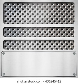 Abstract metal background with perforated section and space for text.