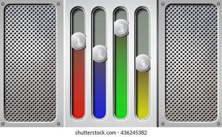 Abstract metal background with perforated sections and slider bars.