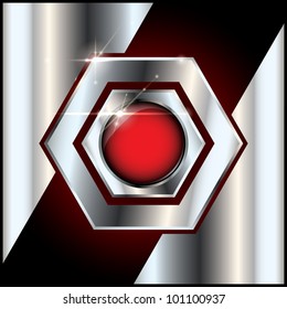 Abstract metal background and red glossy button in the middle with copyspace and lens flare effect