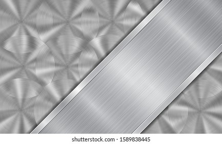 Abstract metal background in silver colors, consisting of a metallic surface with circular brushed texture and polished metal plate with shiny edges