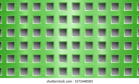 Abstract metal background with square holes in green and gray colors