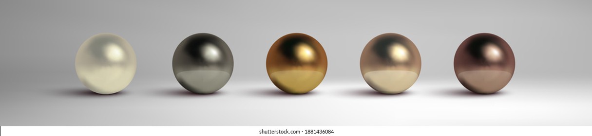 Abstract metal balls set. Pearl, black metal,brass,silver. Vector golden sphere isolated object on white. Chrome sphere silver metal ball.