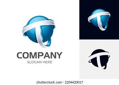 abstract metal blue letter T globe logo design gradient style vector symbol with circle globe design elements for business technology logo