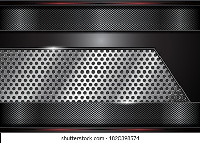 abstract metal carbon texture and red line on chromium sheet hole modern background. vector illustration