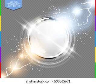 Abstract metal chrome ring power science transparent background. Electric shine round tech frame white space, energy lightning. Light effect with sparks. Fiction vector glowing stainless steel round