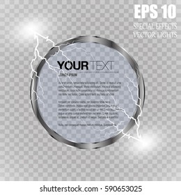 Abstract metal chrome ring power science transparent background. Electric shine round tech frame, energy lightning. Light effect with sparks. Fiction vector glowing stainless steel round