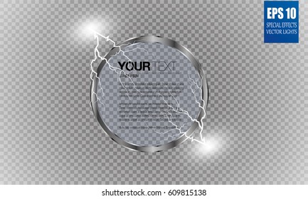 Abstract metal chrome ring power science transparent background. Electric shine round tech frame, energy lightning. Light effect with sparks. Fiction vector glowing stainless steel round