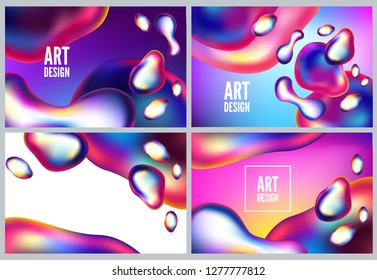 Abstract metal elements with an iridescent color effect backlit. Set backgrounds and posters of liquid bubble. Modern 3d vector illustration. Template for design, flyer or presentation.