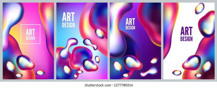Abstract metal elements with an iridescent color effect backlit. Set backgrounds and posters of liquid bubble. Modern 3d vector illustration. Template for design, flyer or presentation.