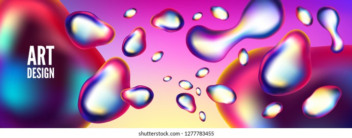 Abstract metal elements with an iridescent color effect backlit. Horizontal poster of liquid bubble. Modern 3d vector illustration. Template for design, flyer or presentation.