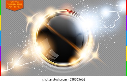 Abstract metal golden ring power science transparent background. Electric shine round tech frame black glossy space, energy lightning. Light effect with sparks. Fiction vector glowing round