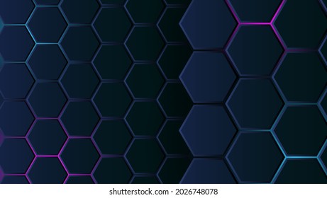abstract metal hexagon background with blue and pink light